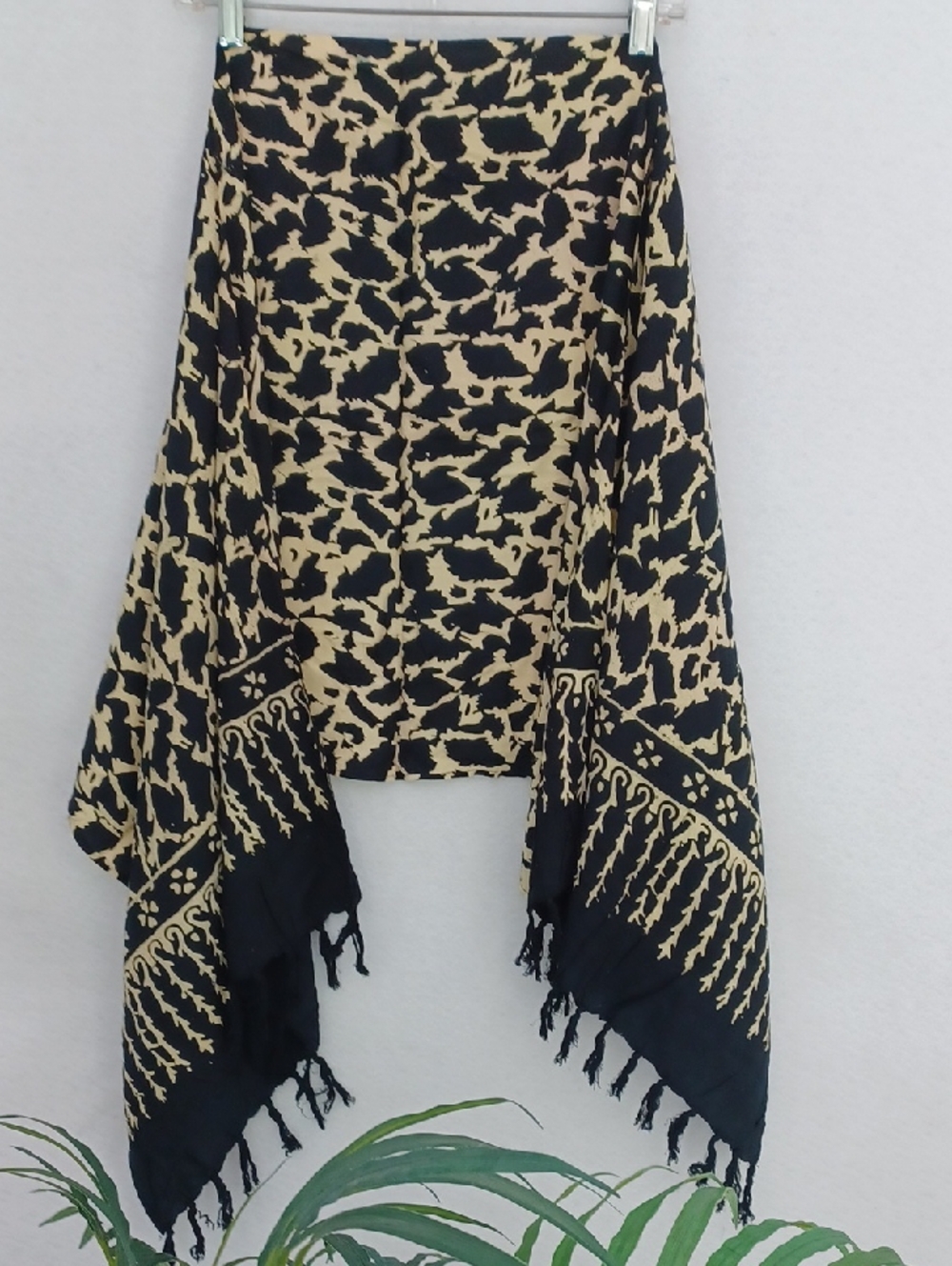 Black & Tan Hand Dyed  Batik Shawl Scarf with Fringe